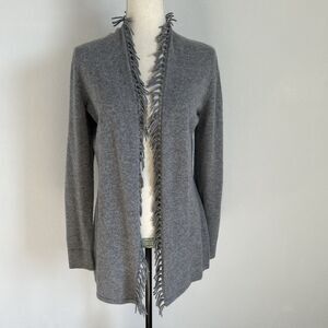 Magaschoni Cashmere Cardigan Grey Finged Long-Line Sweater Neutral Office Sz S